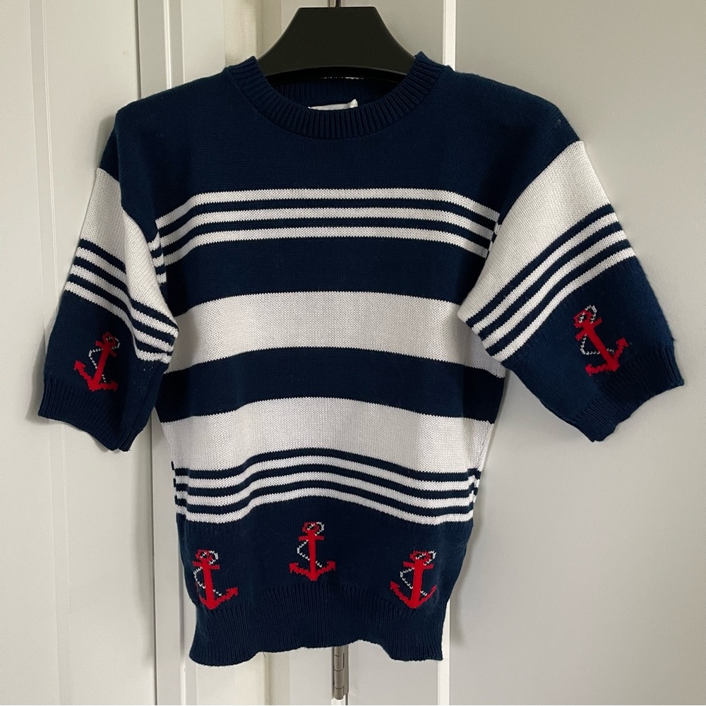 Vintage Nautical Stripe Sweater Tee w/ Red Anchors